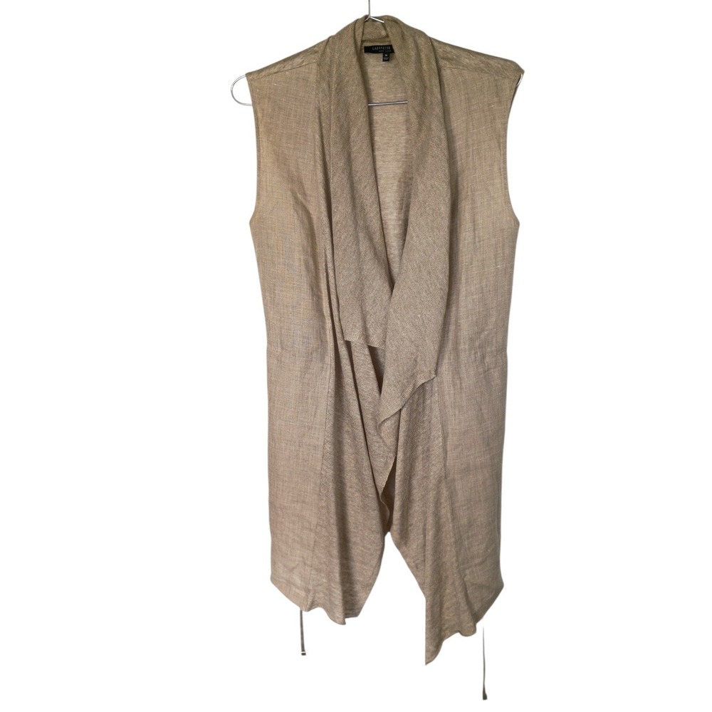 Lafayette 148 New York Tan Linen Draped Open Front Vest Medium